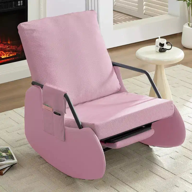 Upholstered Corduroy Rocking Chair with Wooden Legs Wrapped in Leather&Adjustable Footrest
