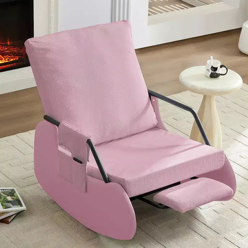 Upholstered Corduroy Rocking Chair with Wooden Legs Wrapped in Leather&Adjustable Footrest