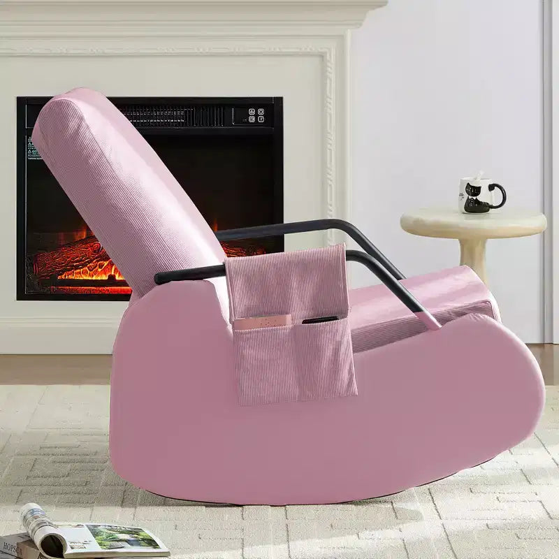 Upholstered Corduroy Rocking Chair with Wooden Legs Wrapped in Leather&Adjustable Footrest