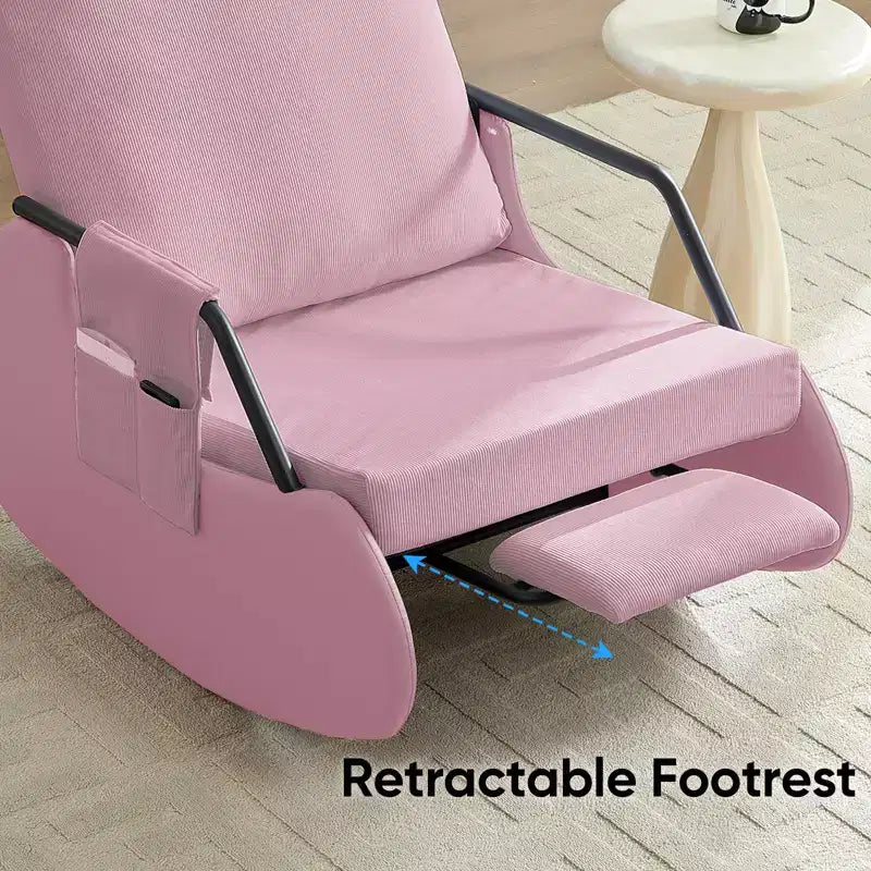 Upholstered Corduroy Rocking Chair with Wooden Legs Wrapped in Leather&Adjustable Footrest