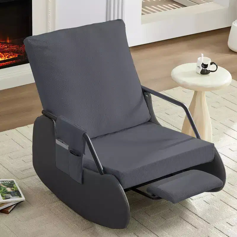 Upholstered Corduroy Rocking Chair with Wooden Legs Wrapped in Leather&Adjustable Footrest