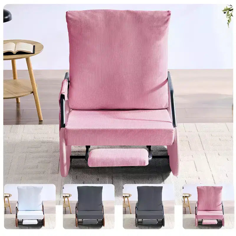 Upholstered Corduroy Rocking Chair with Wooden Legs Wrapped in Leather&Adjustable Footrest