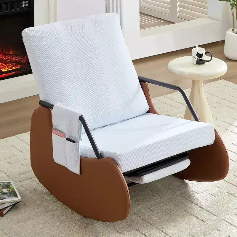 Upholstered Corduroy Rocking Chair with Wooden Legs Wrapped in Leather&Adjustable Footrest