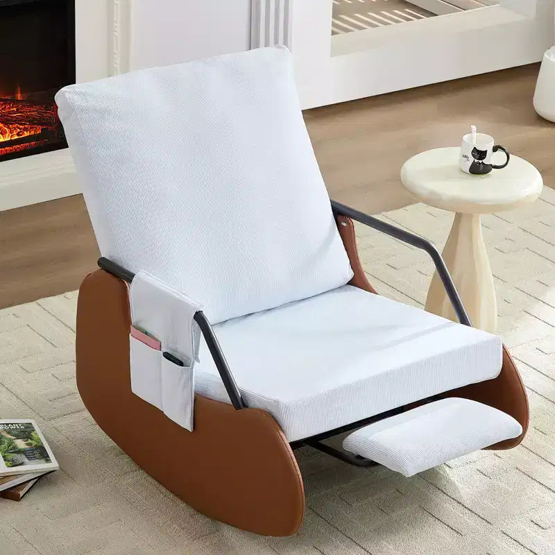 Upholstered Corduroy Rocking Chair with Wooden Legs Wrapped in Leather&Adjustable Footrest