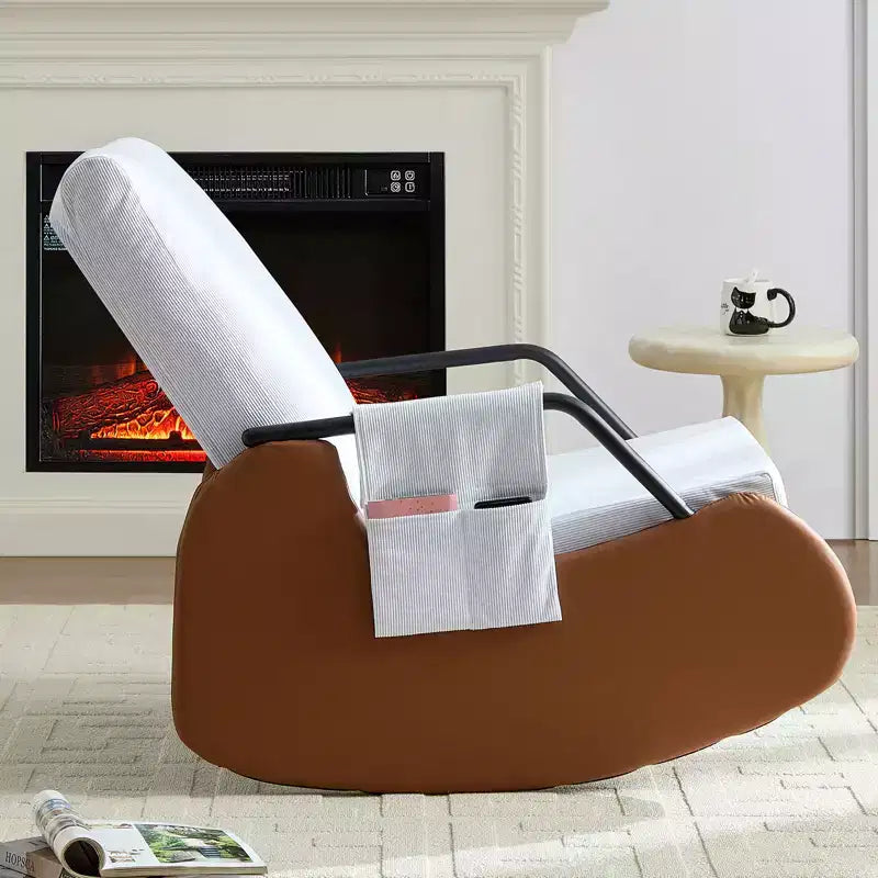 Upholstered Corduroy Rocking Chair with Wooden Legs Wrapped in Leather&Adjustable Footrest