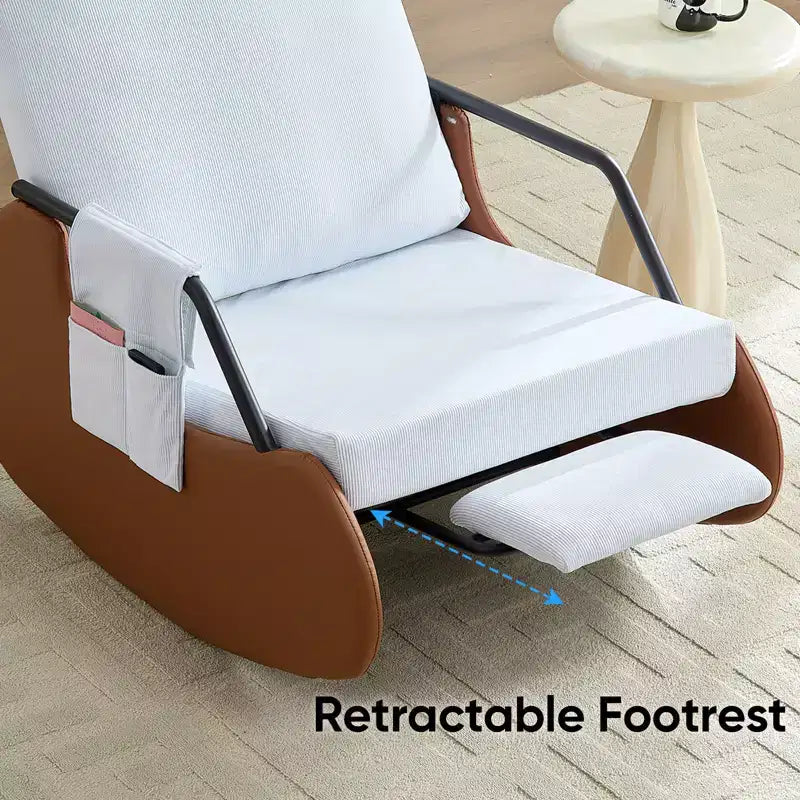 Upholstered Corduroy Rocking Chair with Wooden Legs Wrapped in Leather&Adjustable Footrest
