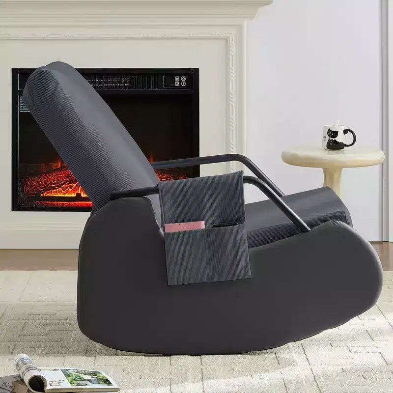 Upholstered Corduroy Rocking Chair with Wooden Legs Wrapped in Leather&Adjustable Footrest