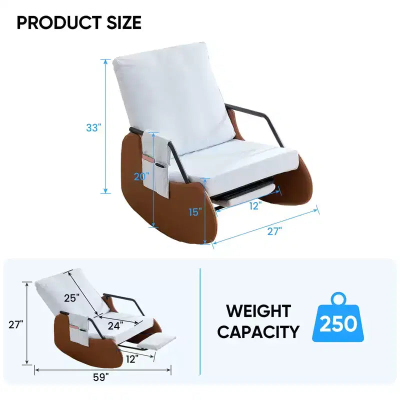 Upholstered Corduroy Rocking Chair with Wooden Legs Wrapped in Leather&Adjustable Footrest