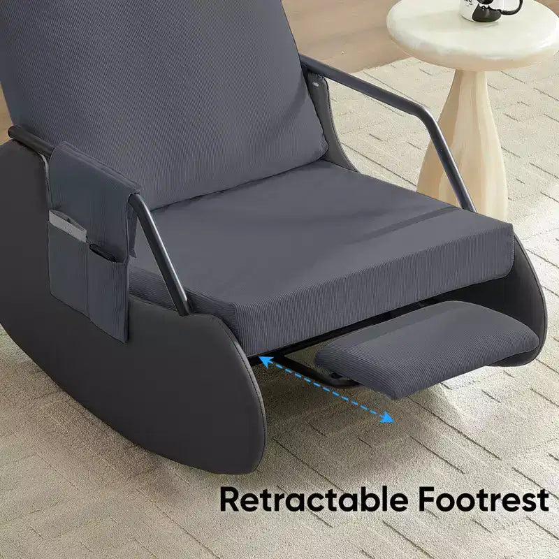 Upholstered Corduroy Rocking Chair with Wooden Legs Wrapped in Leather&Adjustable Footrest