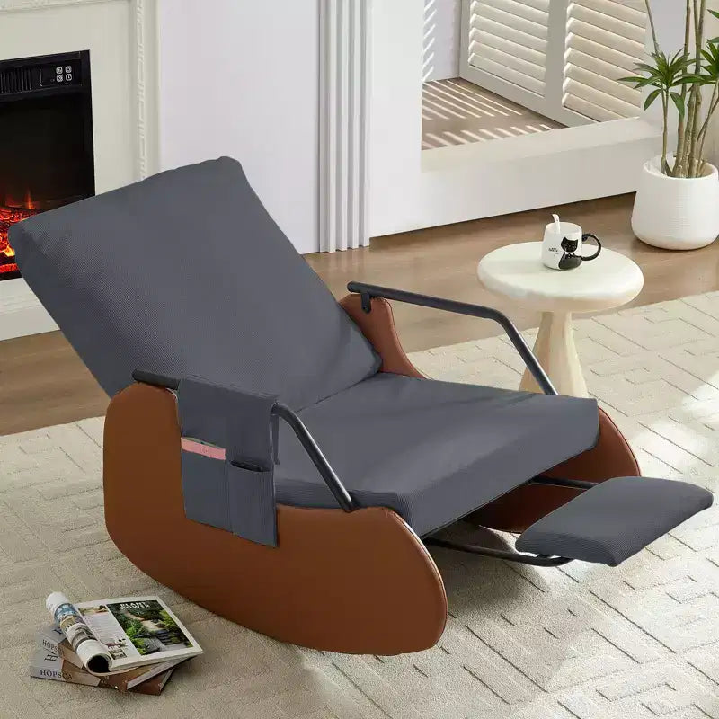 Upholstered Corduroy Rocking Chair with Wooden Legs Wrapped in Leather&Adjustable Footrest