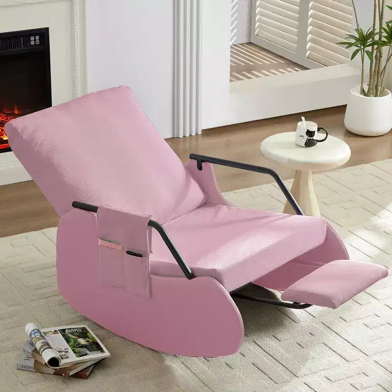 Upholstered Corduroy Rocking Chair with Wooden Legs Wrapped in Leather&Adjustable Footrest