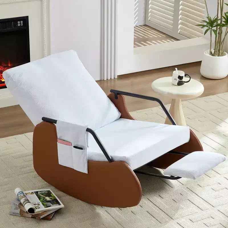 Upholstered Corduroy Rocking Chair with Wooden Legs Wrapped in Leather&Adjustable Footrest
