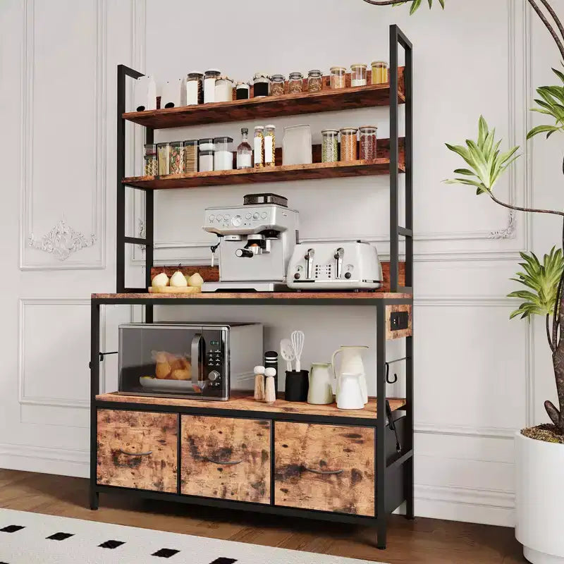 Kitchen Bakers Rack with Charging Station & Drawers, Industrial Microwave Stand, Freestanding Farmhouse Coffee Bar, Utility Shelves with Hooks