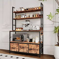 Kitchen Bakers Rack with Charging Station & Drawers, Industrial Microwave Stand, Freestanding Farmhouse Coffee Bar, Utility Shelves with Hooks