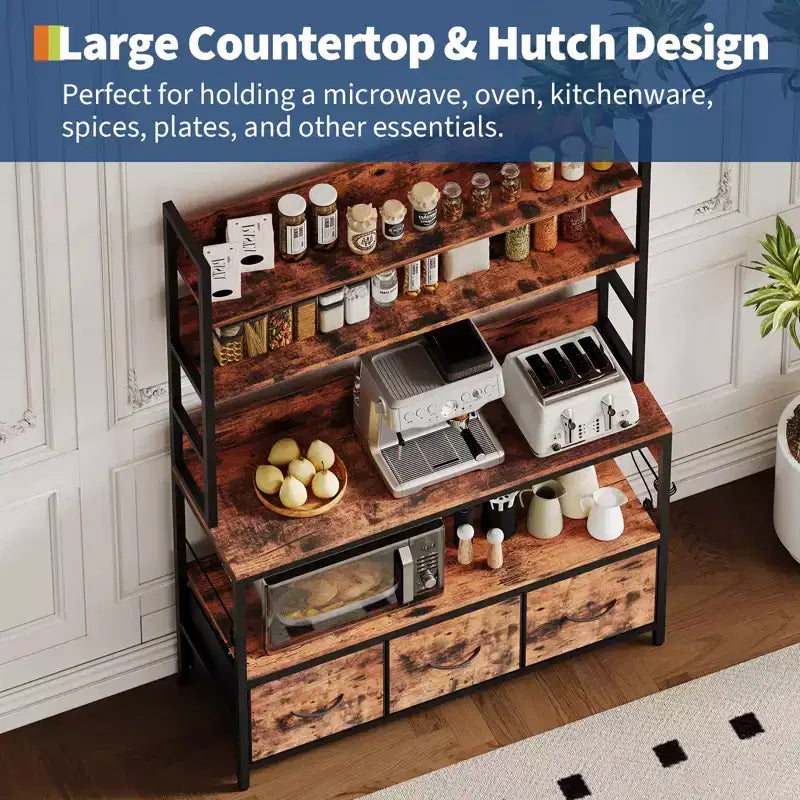 Kitchen Bakers Rack with Charging Station & Drawers, Industrial Microwave Stand, Freestanding Farmhouse Coffee Bar, Utility Shelves with Hooks