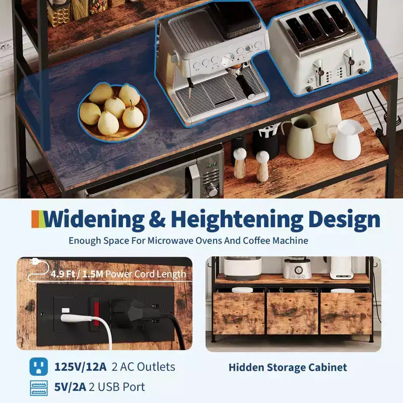 Kitchen Bakers Rack with Charging Station & Drawers, Industrial Microwave Stand, Freestanding Farmhouse Coffee Bar, Utility Shelves with Hooks