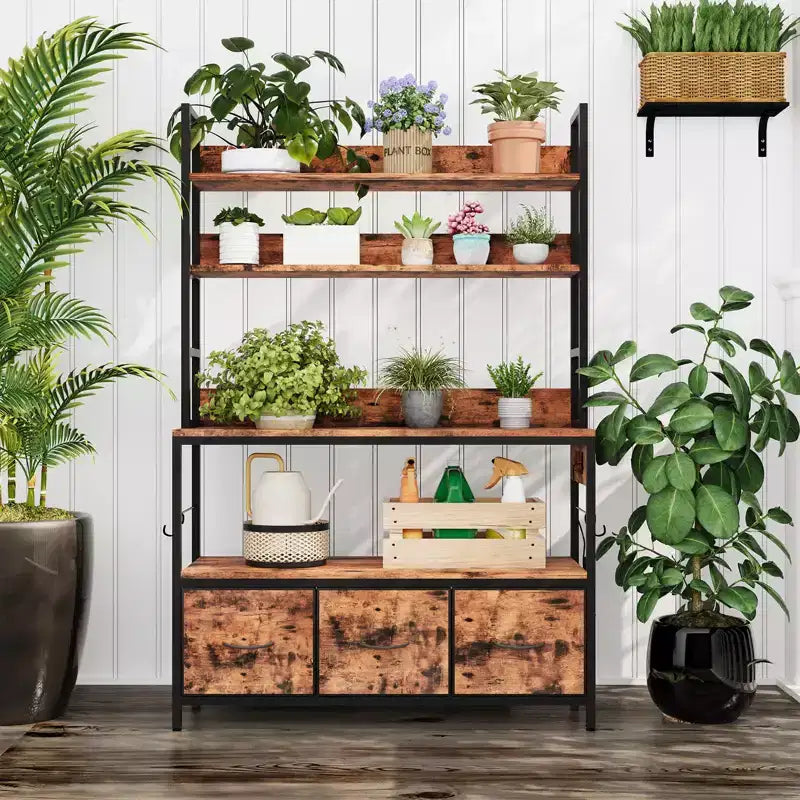 Kitchen Bakers Rack with Charging Station & Drawers, Industrial Microwave Stand, Freestanding Farmhouse Coffee Bar, Utility Shelves with Hooks