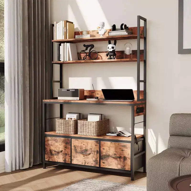 Kitchen Bakers Rack with Charging Station & Drawers, Industrial Microwave Stand, Freestanding Farmhouse Coffee Bar, Utility Shelves with Hooks