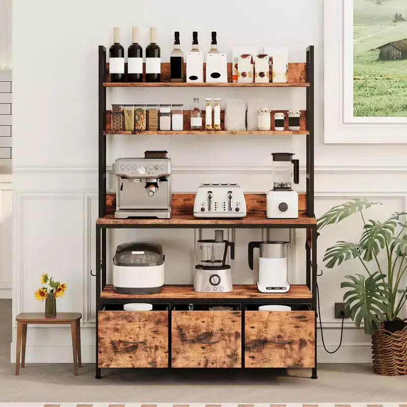 Kitchen Bakers Rack with Charging Station & Drawers, Industrial Microwave Stand, Freestanding Farmhouse Coffee Bar, Utility Shelves with Hooks