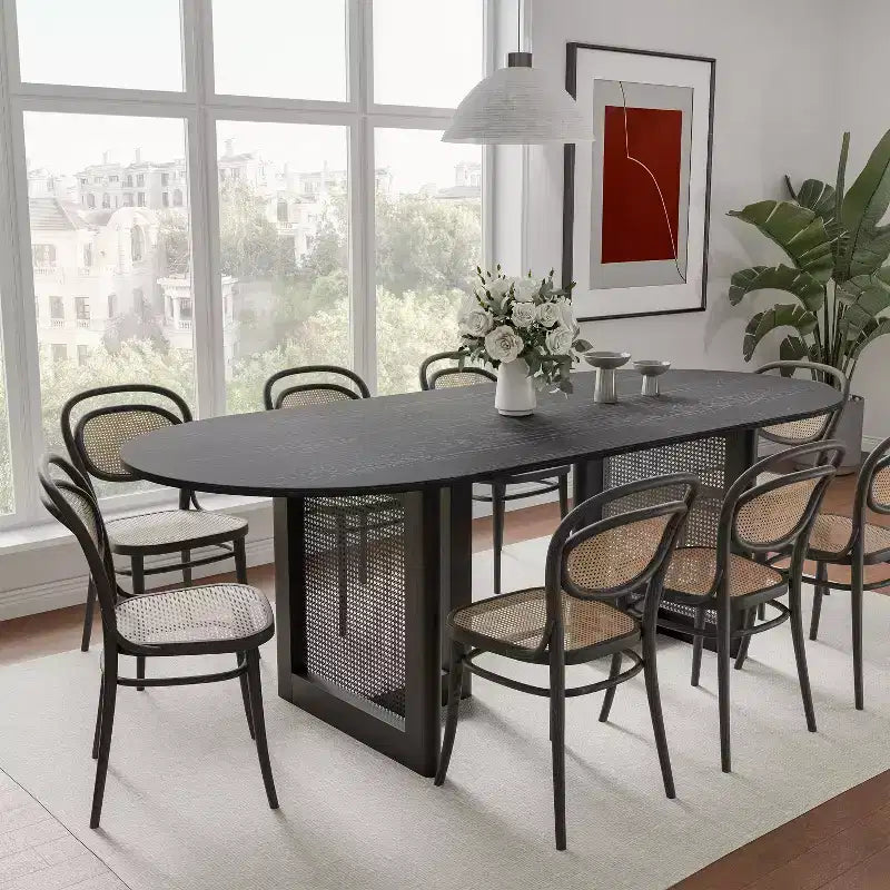 79 x 33.5 Farmhouse Kitchen Dining Room Table Home Furniture Oval Black Kitchen Table with Rattan Woven Legs for Kitchen Bar Living Room