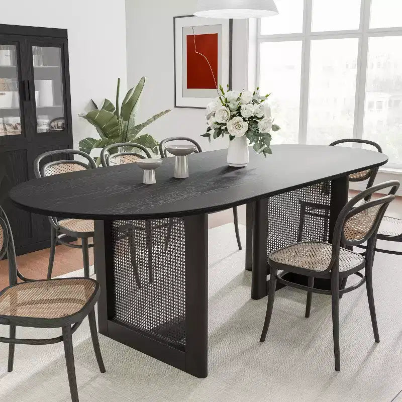 79 x 33.5 Farmhouse Kitchen Dining Room Table Home Furniture Oval Black Kitchen Table with Rattan Woven Legs for Kitchen Bar Living Room