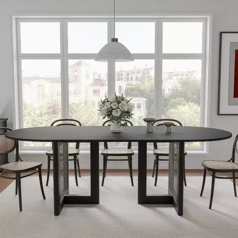 79 x 33.5 Farmhouse Kitchen Dining Room Table Home Furniture Oval Black Kitchen Table with Rattan Woven Legs for Kitchen Bar Living Room