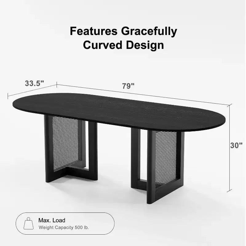 79 x 33.5 Farmhouse Kitchen Dining Room Table Home Furniture Oval Black Kitchen Table with Rattan Woven Legs for Kitchen Bar Living Room