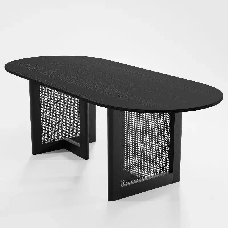 79 x 33.5 Farmhouse Kitchen Dining Room Table Home Furniture Oval Black Kitchen Table with Rattan Woven Legs for Kitchen Bar Living Room