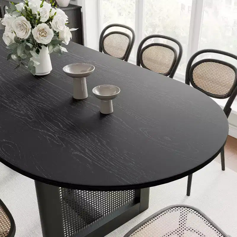 79 x 33.5 Farmhouse Kitchen Dining Room Table Home Furniture Oval Black Kitchen Table with Rattan Woven Legs for Kitchen Bar Living Room