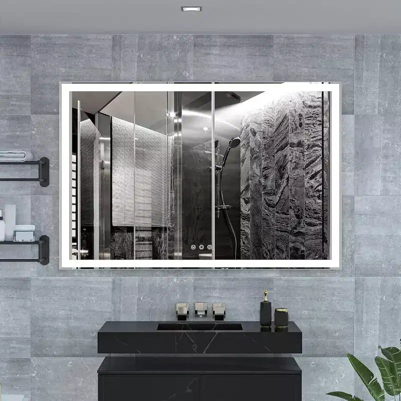 60x40Inch Bathroom Wall Mirror with Frame, Aluminum Frame , 3-Color Dimmable Touch Vanity Mirror, Rectangle Smart Mirror for Bath & Dressing