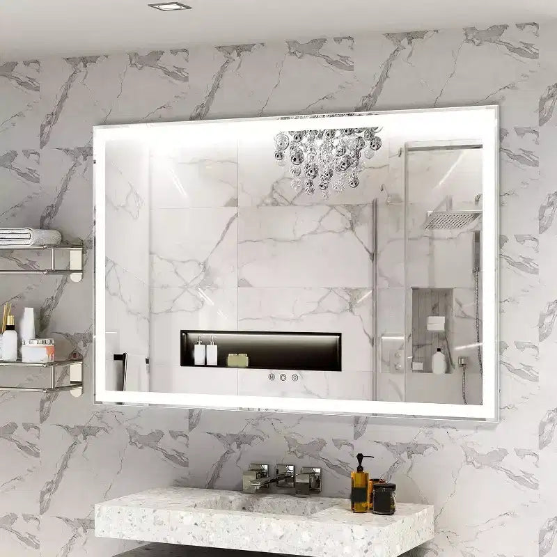 60x40Inch Bathroom Wall Mirror with Frame, Aluminum Frame , 3-Color Dimmable Touch Vanity Mirror, Rectangle Smart Mirror for Bath & Dressing