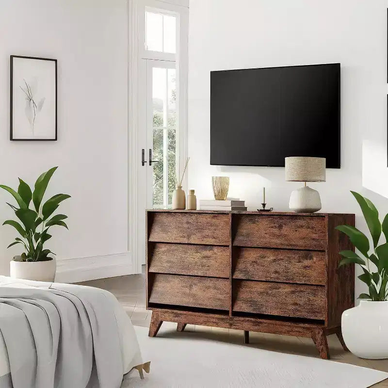 6 Drawer Dresser, Vintage Chest of Drawers with Bevel Design, Modern Dresser TV Stand for Bedroom, Living Room, Entryway and Closet