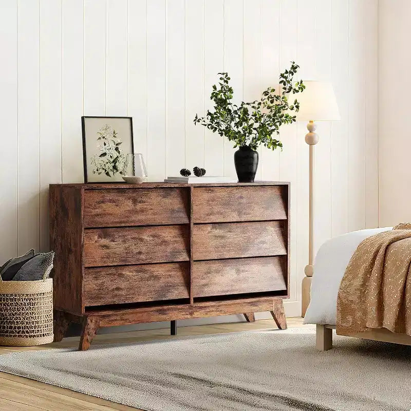 6 Drawer Dresser, Vintage Chest of Drawers with Bevel Design, Modern Dresser TV Stand for Bedroom, Living Room, Entryway and Closet