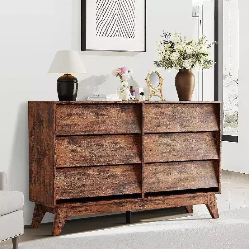 6 Drawer Dresser, Vintage Chest of Drawers with Bevel Design, Modern Dresser TV Stand for Bedroom, Living Room, Entryway and Closet
