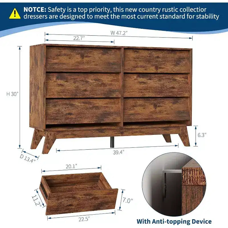 6 Drawer Dresser, Vintage Chest of Drawers with Bevel Design, Modern Dresser TV Stand for Bedroom, Living Room, Entryway and Closet