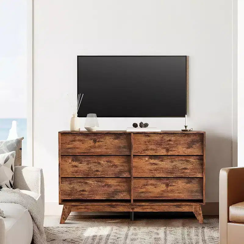 6 Drawer Dresser, Vintage Chest of Drawers with Bevel Design, Modern Dresser TV Stand for Bedroom, Living Room, Entryway and Closet