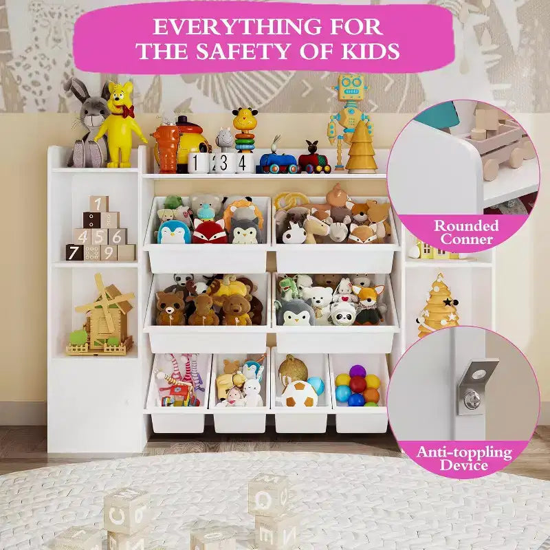 Kids Toy Storage Organizer with 8 Multi-Color Plastic Bins Perfect Toy Storage Solution Kid Bookshelf and Toy Storage for Study Room, Kids Room