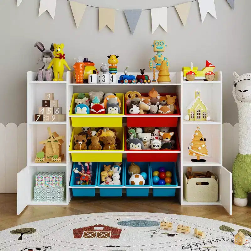 Kids Toy Storage Organizer with 8 Multi-Color Plastic Bins Perfect Toy Storage Solution Kid Bookshelf and Toy Storage for Study Room, Kids Room