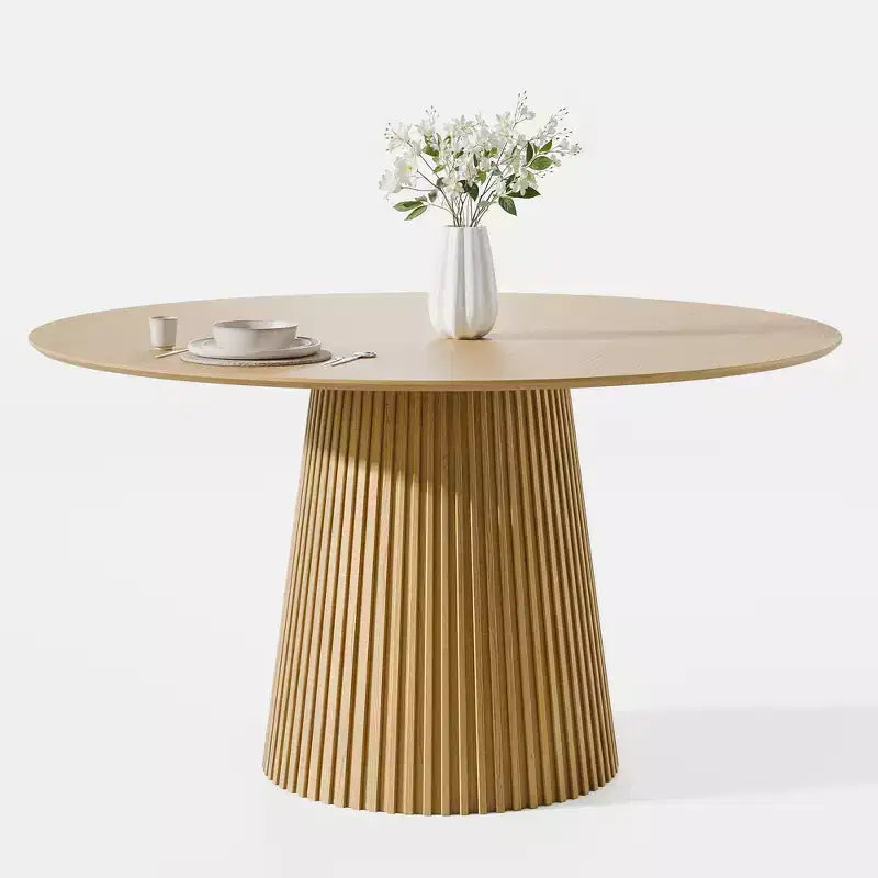 52 Round Dining Table for 6 People Modern Pedestal Table with Fluted Cone Base & Wood MDF Top for Small Space Kitchen Dining Room Cafe Natural