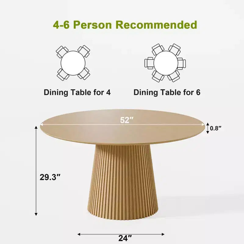 52 Round Dining Table for 6 People Modern Pedestal Table with Fluted Cone Base & Wood MDF Top for Small Space Kitchen Dining Room Cafe Natural