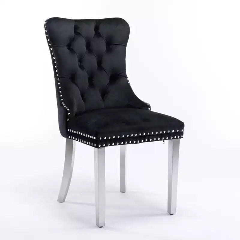 Set of 2 Gray Tufted Solid Wood Contemporary Velvet Upholstered Dining Chair with Chrome Stainless Steel Plating Legs and Nailhead Trim