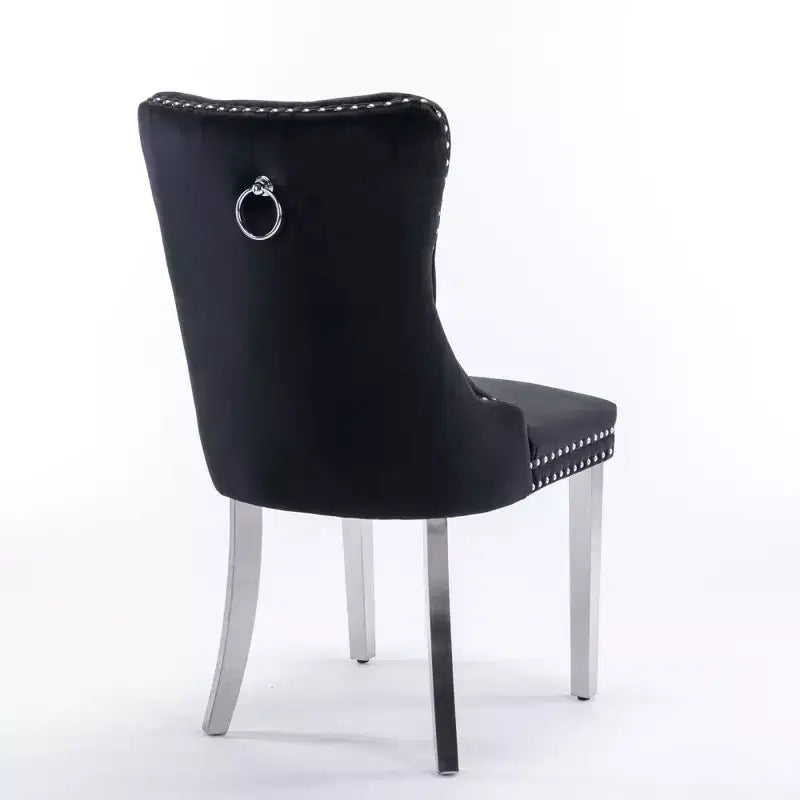 Set of 2 Gray Tufted Solid Wood Contemporary Velvet Upholstered Dining Chair with Chrome Stainless Steel Plating Legs and Nailhead Trim