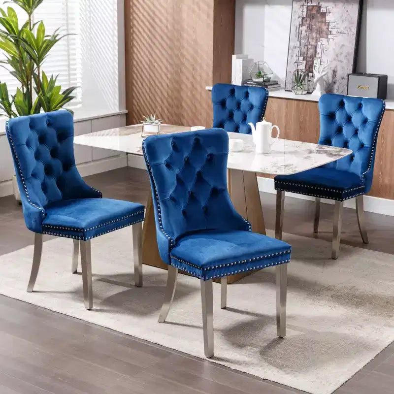 Set of 2 Gray Tufted Solid Wood Contemporary Velvet Upholstered Dining Chair with Chrome Stainless Steel Plating Legs and Nailhead Trim