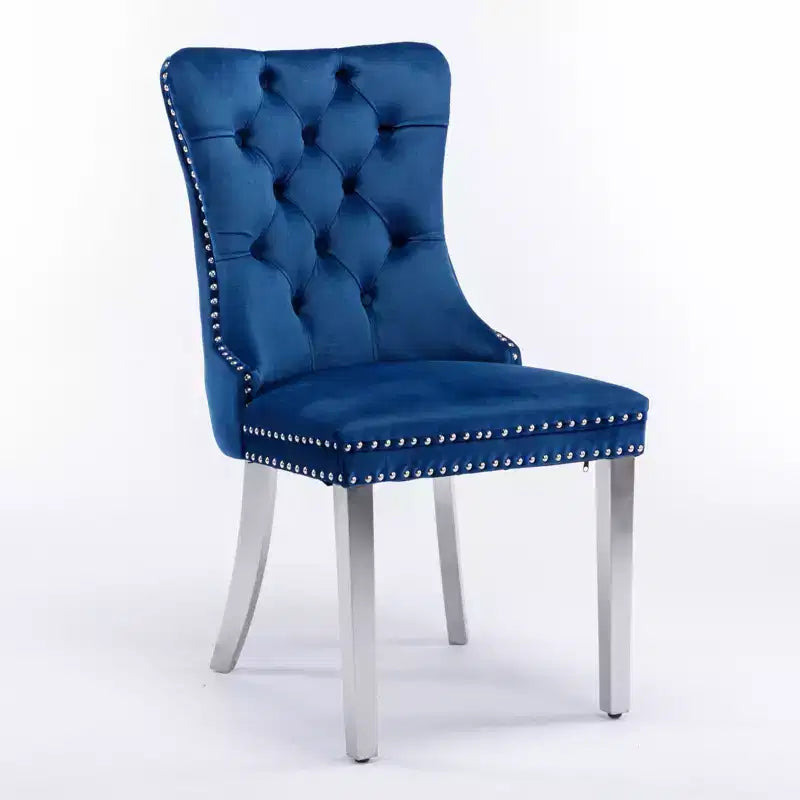 Set of 2 Gray Tufted Solid Wood Contemporary Velvet Upholstered Dining Chair with Chrome Stainless Steel Plating Legs and Nailhead Trim