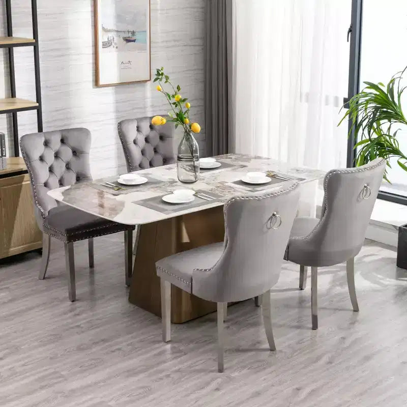 Set of 2 Gray Tufted Solid Wood Contemporary Velvet Upholstered Dining Chair with Chrome Stainless Steel Plating Legs and Nailhead Trim