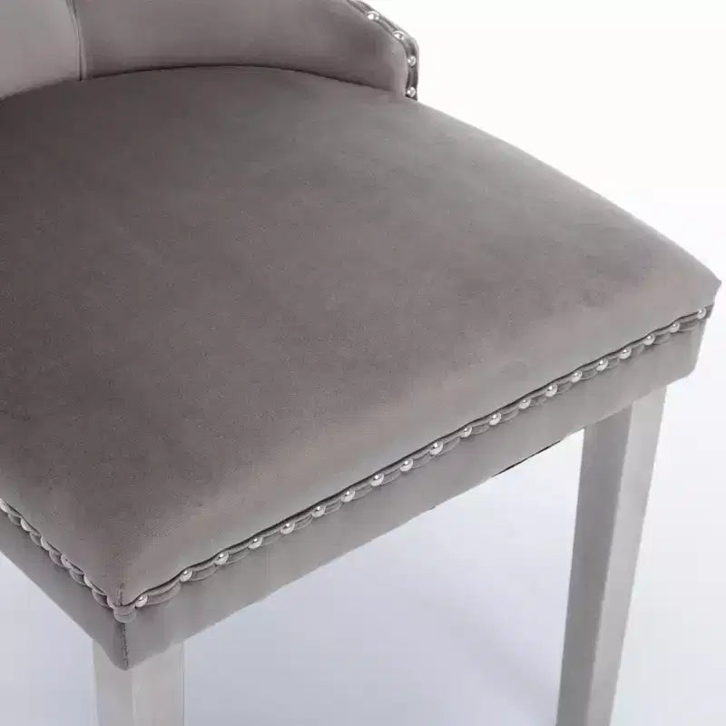 Set of 2 Gray Tufted Solid Wood Contemporary Velvet Upholstered Dining Chair with Chrome Stainless Steel Plating Legs and Nailhead Trim