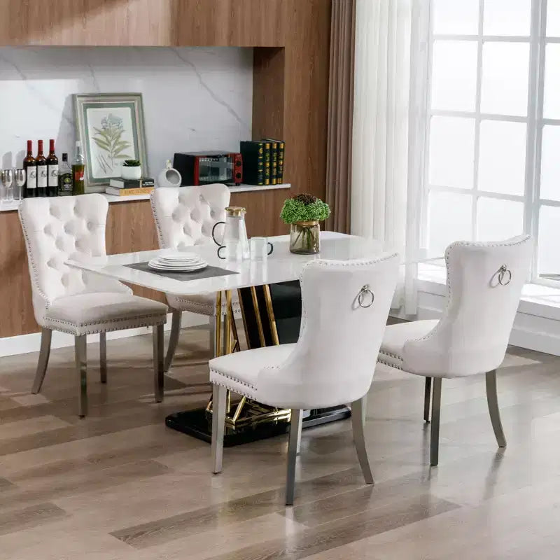 Set of 2 Gray Tufted Solid Wood Contemporary Velvet Upholstered Dining Chair with Chrome Stainless Steel Plating Legs and Nailhead Trim