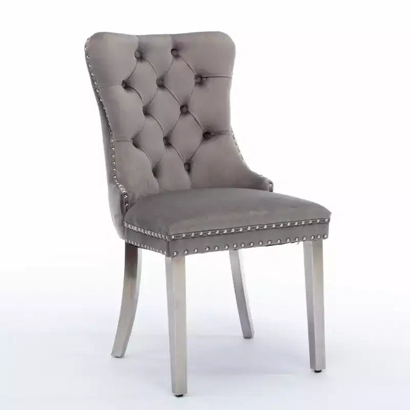 Set of 2 Gray Tufted Solid Wood Contemporary Velvet Upholstered Dining Chair with Chrome Stainless Steel Plating Legs and Nailhead Trim