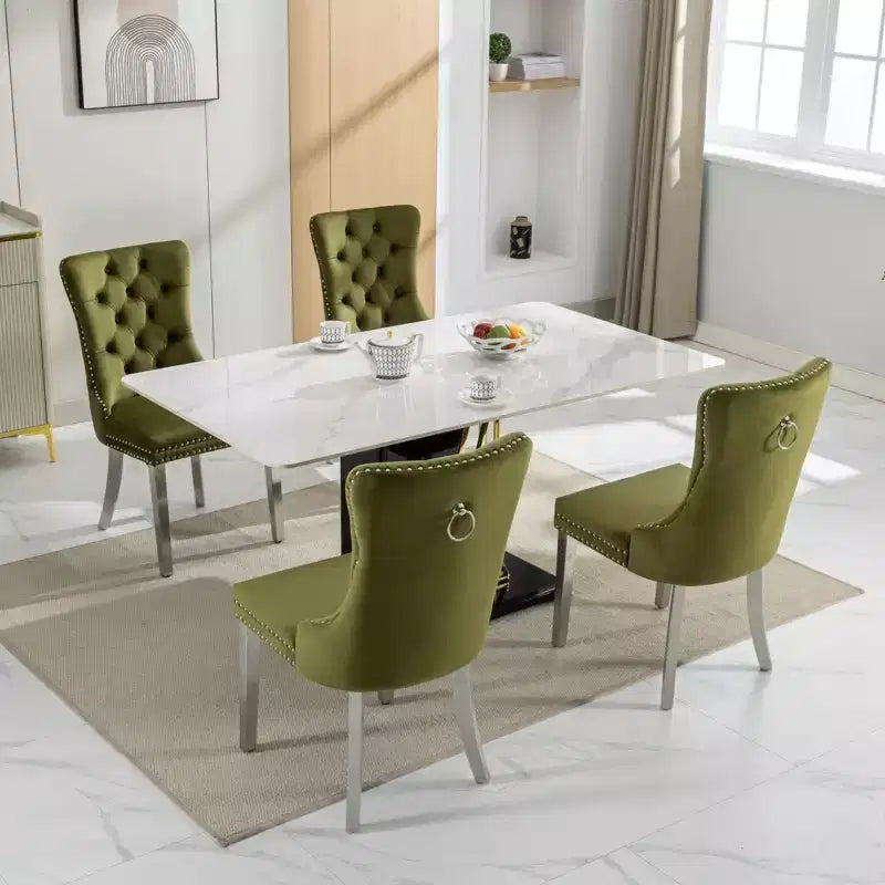 Set of 2 Gray Tufted Solid Wood Contemporary Velvet Upholstered Dining Chair with Chrome Stainless Steel Plating Legs and Nailhead Trim