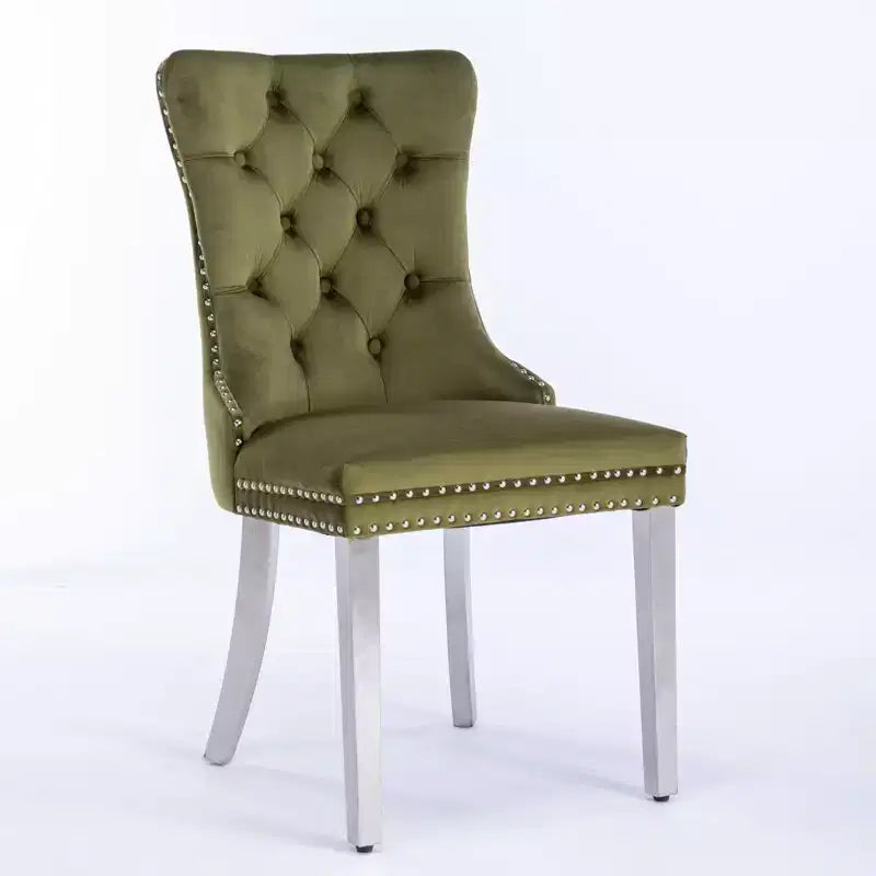 Set of 2 Gray Tufted Solid Wood Contemporary Velvet Upholstered Dining Chair with Chrome Stainless Steel Plating Legs and Nailhead Trim